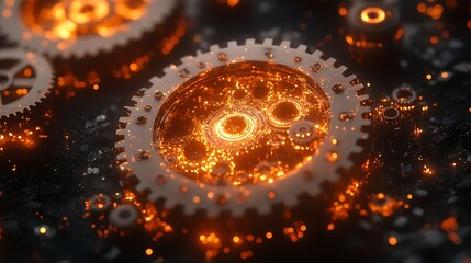 Glowing Metal Gears Interlocking Mechanism Abstract Engineering Background
