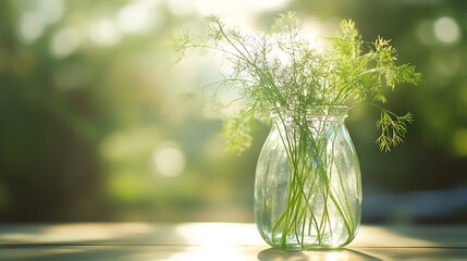 Dill Herb in Glass Jar on Wooden Table with Sunlight