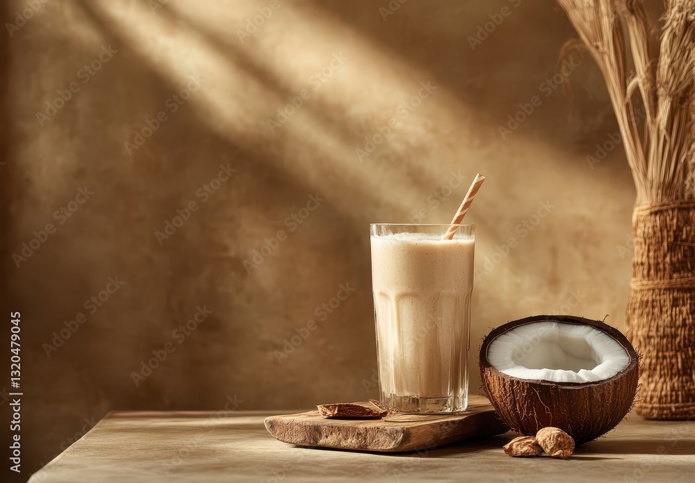 Poster refreshing coconut smoothie in glass with straw surrounded by natural elements and textured backgrou