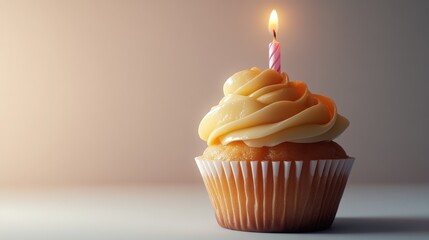 Single cupcake with a lit candle. Delicious birthday treat!