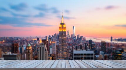 Naklejka premium Stunning skyline view of New York City at sunset, showcasing iconic skyscrapers and vibrant colors.