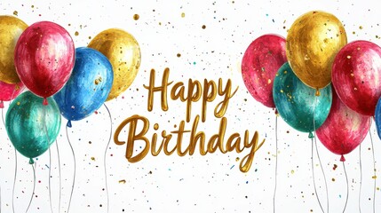 Happy Birthday! Colorful balloons and confetti make a festive celebration.