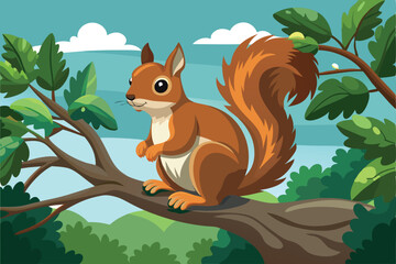 Fototapeta premium A squirrel sits calmly on a tree branch, gazing over the blue lake and vibrant green foliage below, squirrel sitting on a tree branch,