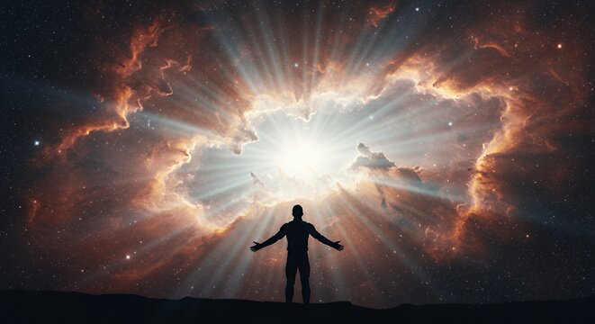 A silhouetted figure stands on a dark hillside, arms outstretched, gazing upward at a magnificent nebula radiating light.