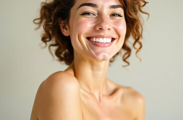 Smiling young caucasian female with curly hair and radiant skin