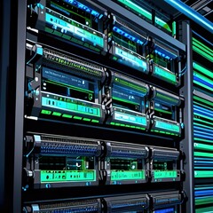 A Mesmerizing Network Of Glowing Servers Humming With Digital Energy In A Modern Data Center With Vibrant Blue And Green Lights