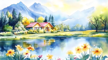 Fototapeta premium Watercolor Lake House Retreat at Mountain Backdrop Serene Lakeside Home Flowers in Bloom Tranquil Waters Summer Landscape Painting Scenery Relaxing Art