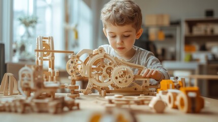 Focused child assembling wooden gears