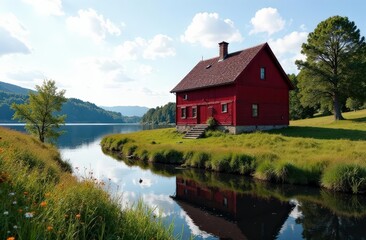 Obraz premium Charming red house by tranquil lake with lush green surroundings and blue sky