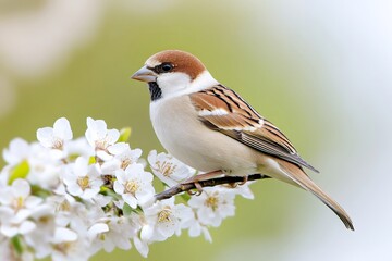 Eurasian tree sparrow perched on a blossoming cherry tree branch