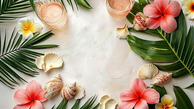 Summer tropical background with exotic flowers, palm leaves, seashells and cocktail glasses on white background, copy space text