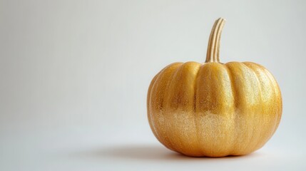 Gold glitter pumpkin on a white background. Festive autumn decoration.