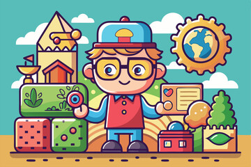 A young boy happily displays his vibrant stamp collection surrounded by playful, cartoon elements, Stamp collecting Customizable Cartoon Illustration