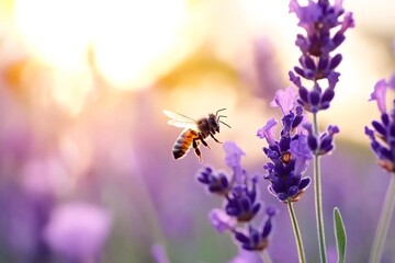 Honey bee flying and approaching lavender flowers at sunset