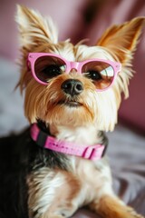 Cute dog sporting funny sunglasses and pink collar enjoys a cozy moment indoors