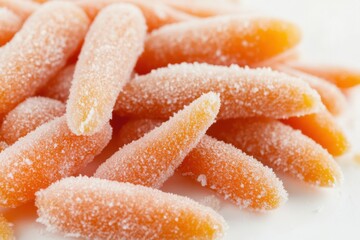 Frozen baby carrots on a clean white background showcasing vibrant color and texture