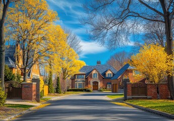Fototapeta premium Scenic Autumn View of a Luxurious Residence Surrounded by Golden Trees on a Clear Blue Sky Day in a Peaceful Neighborhood