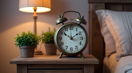 Naklejka premium Vintage Alarm Clock on Nightstand with Lamp and Plants