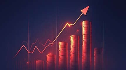 Red arrow graph pointing downward with stack of coins falling, symbolizing financial failure, bankruptcy, and economic decline concept