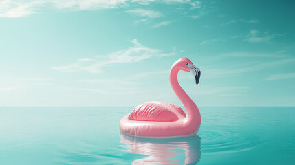 Fototapeta premium Pink flamingo pool float floating on calm turquoise water under a clear blue sky, symbolizing summer relaxation and vacation vibes 