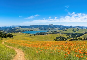 Fototapeta premium Scenic Landscape View of Golden Poppies Flourishing on Rolling Hills Near a Serene Blue Lake Under a Bright Blue Sky with Wispy Clouds