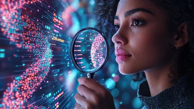 Young african woman analyzing digital dna sequencing with magnifying glass