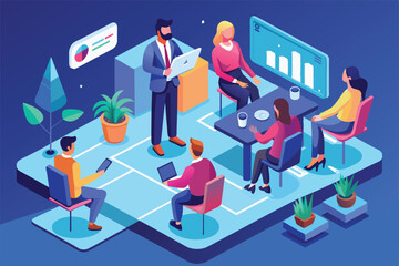 A group of professionals conducts a standup meeting in a vibrant office environment, using modern tools, Standup meeting Customizable Isometric Illustration