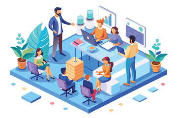 A group collaborates in a lively standup meeting, discussing ideas in a modern office, Standup meeting Customizable Isometric Illustration