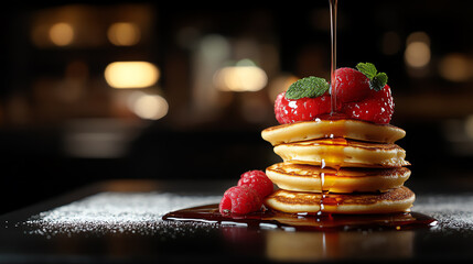 Delicious pancakes topped with fresh raspberries.