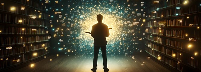 A writer standing in a library where words float freely in the air, shaping themselves into glowing symbols