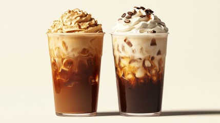 Two iced coffee drinks, one with caramel-colored whipped cream and the other with vanilla-flavored whipped cream and chocolate shavings.