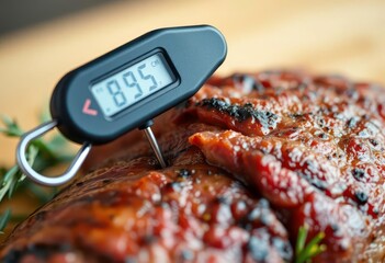 Close-up of meat thermometer inserted into cooked roast, meat doneness, chicken