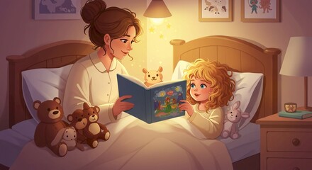 Mother Reading Bedtime Story to Daughter Cozy Night Childhood Family