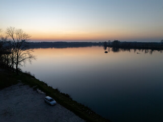 Overlooking Po River at sunset in San Nazzaro, Monticelli D'Ongina, Piacenza, Italy