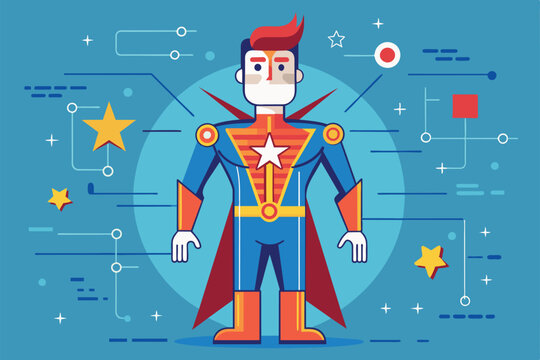 A whimsical starman character stands confidently against a bright blue backdrop, surrounded by stars, Starman Customizable Disproportionate Illustration