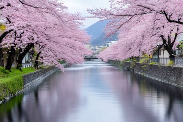 Obraz premium Pink cherry blossom trees lining a canal in Japan during spring