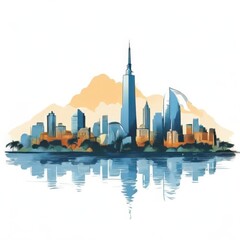 Obraz premium an AI Image Generator, Vibrant Watercolor Skyline Reflecting in Tranquil Waters