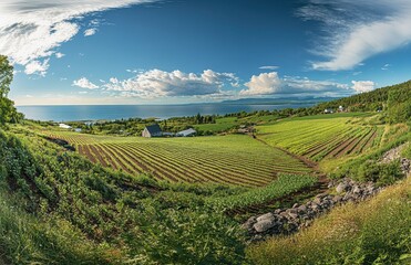 Fototapeta premium Scenic panoramic view of lush green farmland with vibrant crops and cloudy sky overlooking a serene lake landscape and distant mountains.
