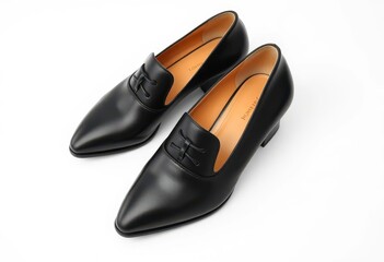 Elegant black leather women's shoes on a pristine white background, summer shoes, oxfords