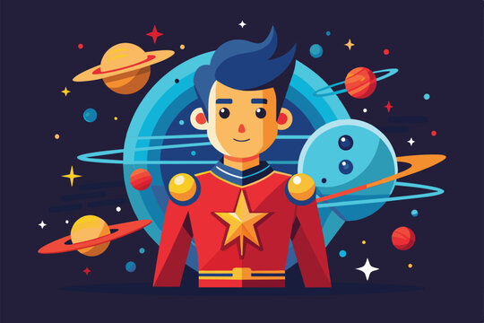 A vibrant starman stands confidently in a cosmic environment surrounded by planets and stars, Starman Customizable Semi Flat Illustration