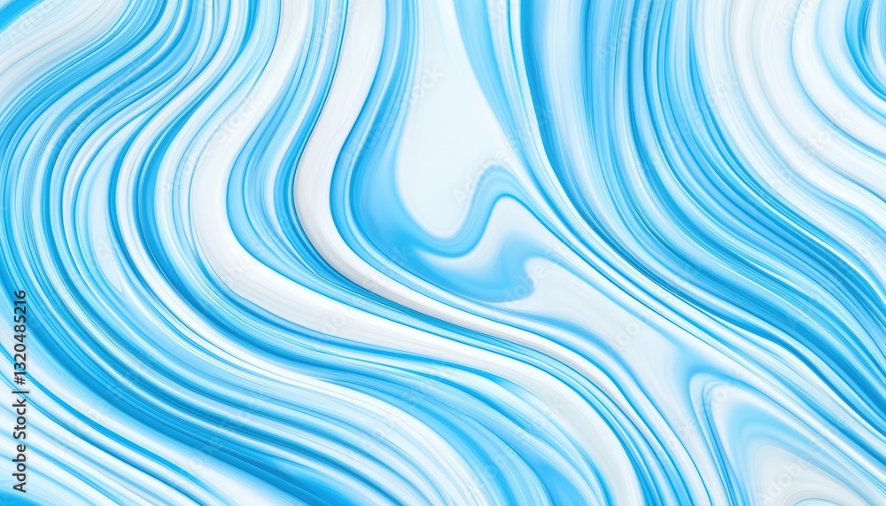 Poster abstract flowing liquid texture in soft pastel blue, smooth and glossy waves creating a futuristic a