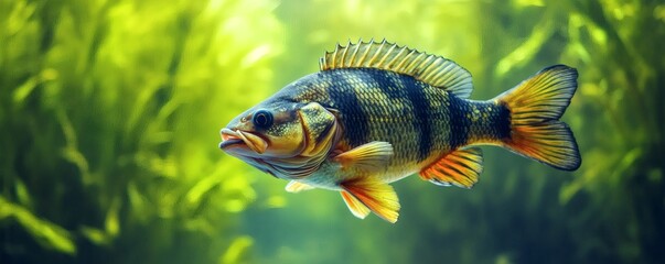 Fototapeta premium A beautifully colored fish swims gracefully among green aquatic plants