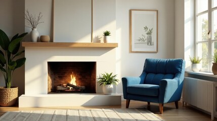 Serene living room with a cozy fireplace, stylish armchair, and natural light streaming through a window, creating a peaceful and inviting atmosphere