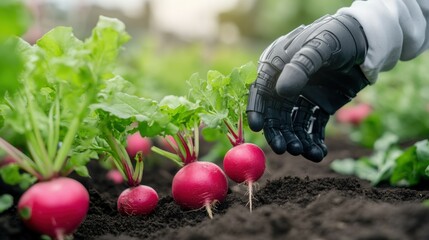 Future of agriculture, robotic hand harvesting radishes with real-time data overlays tracking soil health and crop yield