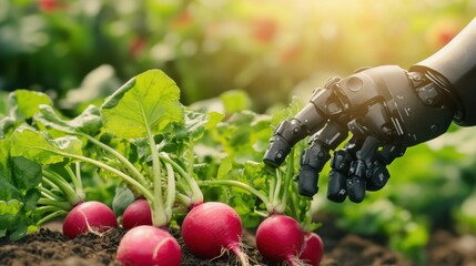 Future of agriculture, robotic hand harvesting radishes with real-time data overlays tracking soil health and crop yield