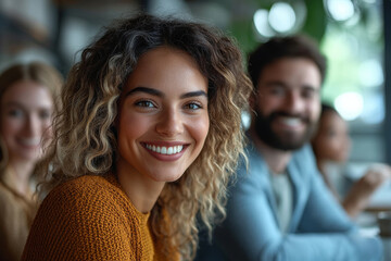 Smiling woman with curly hair in cozy cafe setting