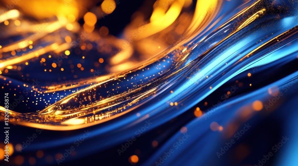 Poster futuristic blue and gold digital data streams flowing through a high-tech space, evoking speed and i