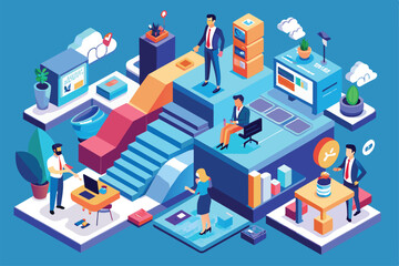 Obraz premium An isometric design showcasing various aspects of starting a customizable business project in an office, Starting a business project Customizable Isometric Illustration