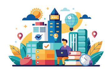 A person works on a laptop surrounded by colorful city elements, inspiring creativity and project development, Starting a business project Customizable Semi Flat Illustration
