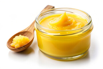 Pure Clarified Butter &ndash; Warm Yellow, Semi-Liquid Ghee with a Buttery Sheen on a White Background